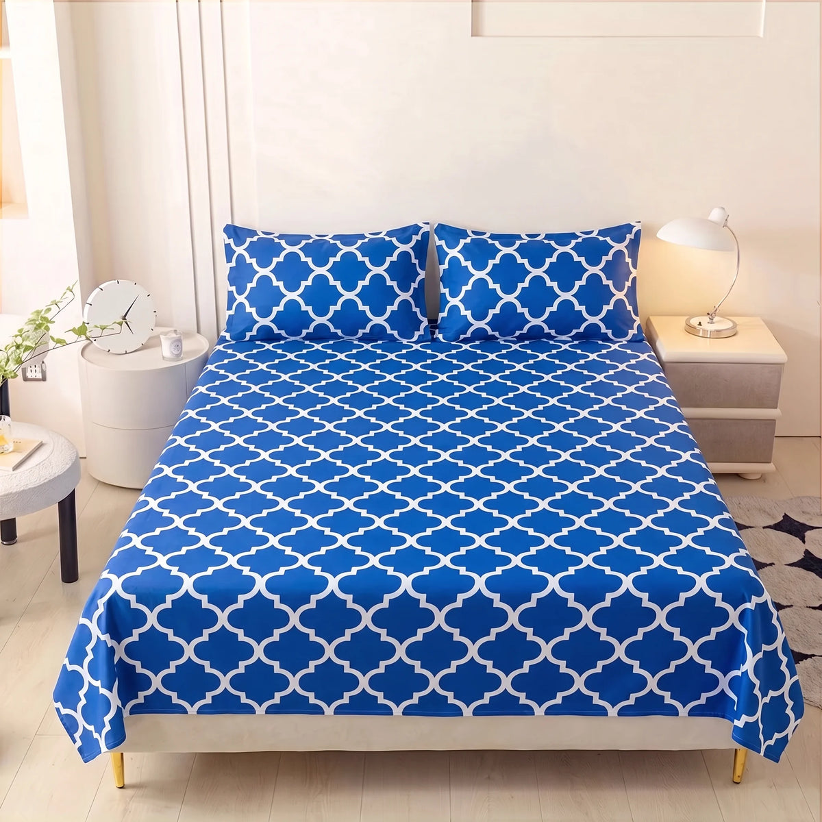 Royal Blue Moroccan Trellis Pure Cotton Bedsheet Set — 3 PCS