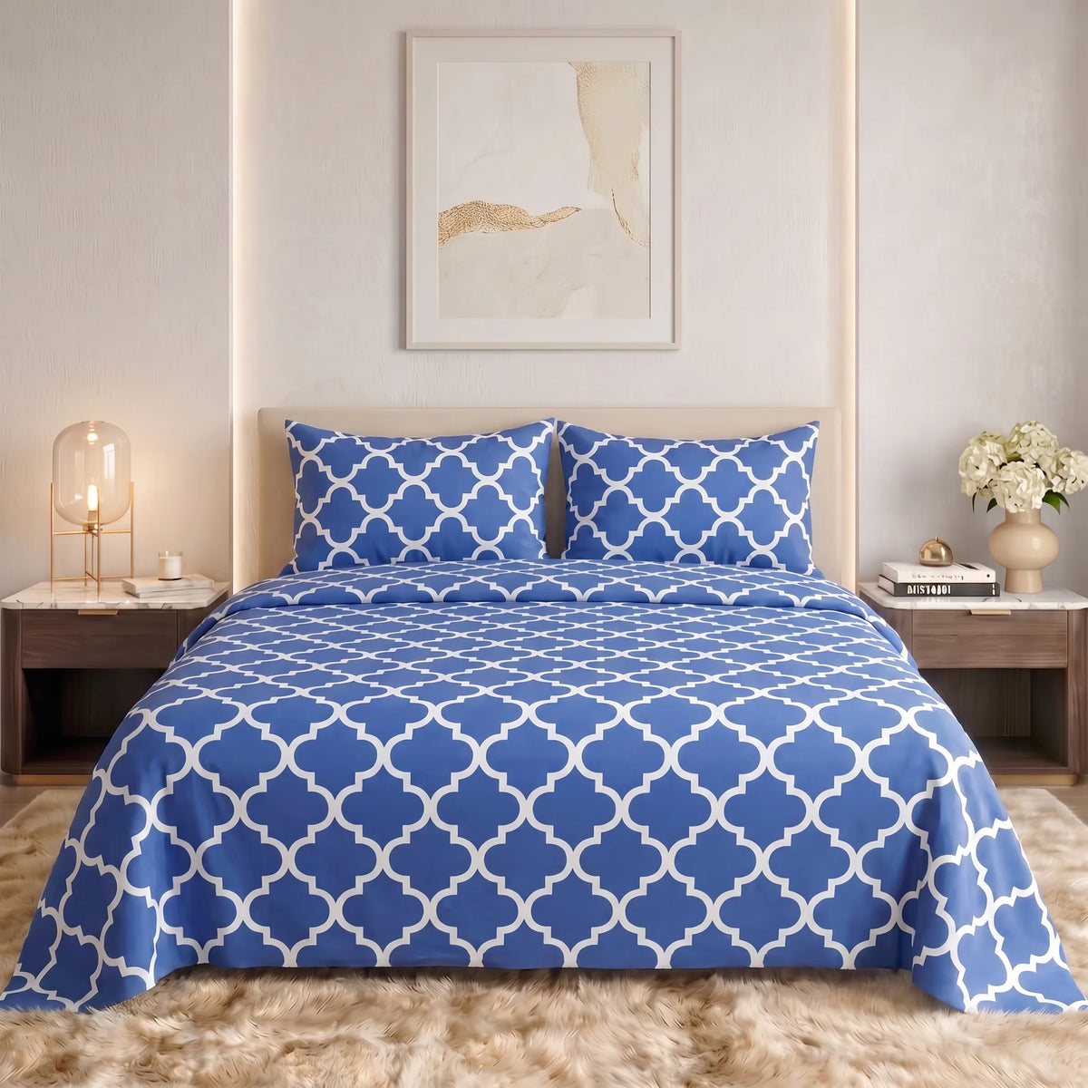 Royal Blue Moroccan Trellis Pure Cotton Bedsheet Set — 3 PCS