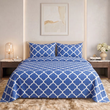Royal Blue Moroccan Trellis Pure Cotton Bedsheet Set — 3 PCS