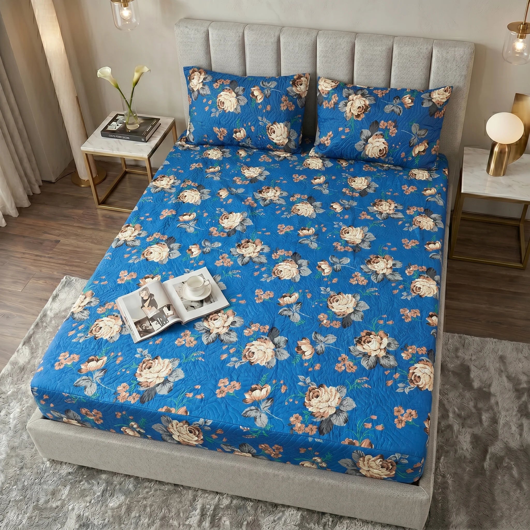 Royal Blue Vintage Floral Waterproof Fitted Sheet Set  — 3 PCs