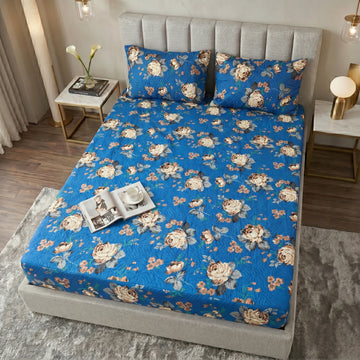 Royal Blue Vintage Floral Waterproof Fitted Sheet Set  — 3 PCs