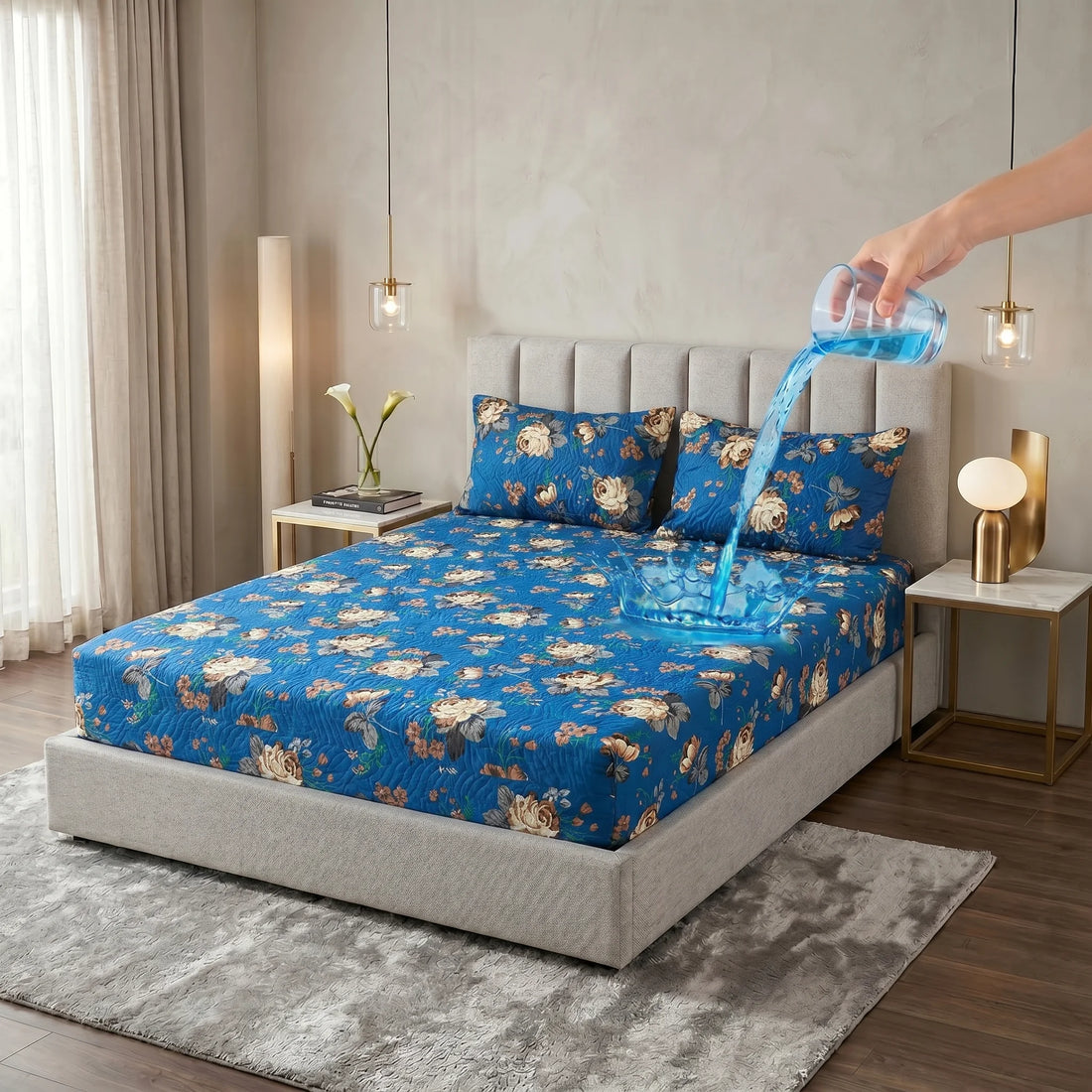 Royal Blue Vintage Floral Waterproof Fitted Sheet Set  — 3 PCs