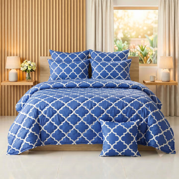 Royal Blue & White Moroccan Trellis Comforter Set — 8 PCS