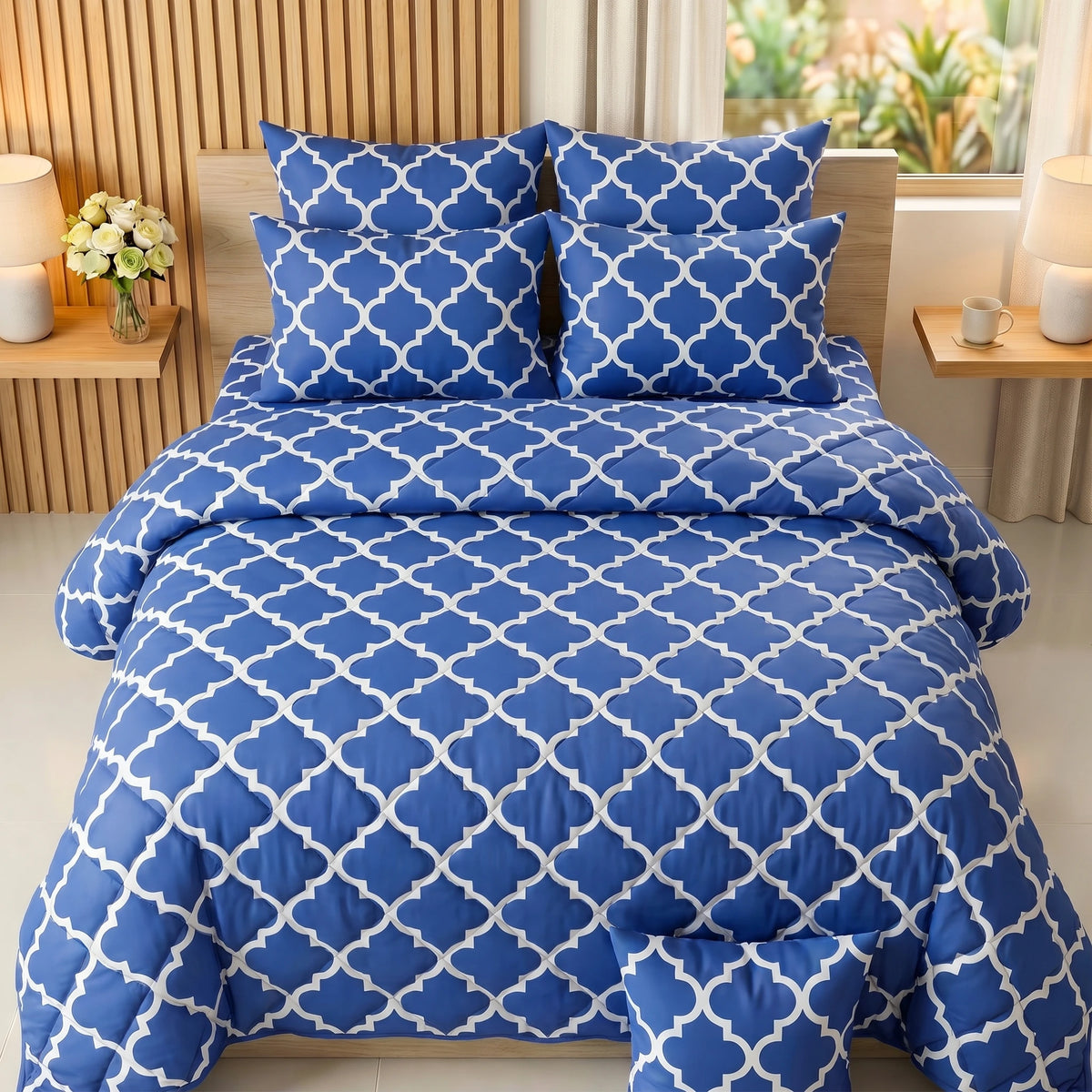 Royal Blue & White Moroccan Trellis Comforter Set — 8 PCS