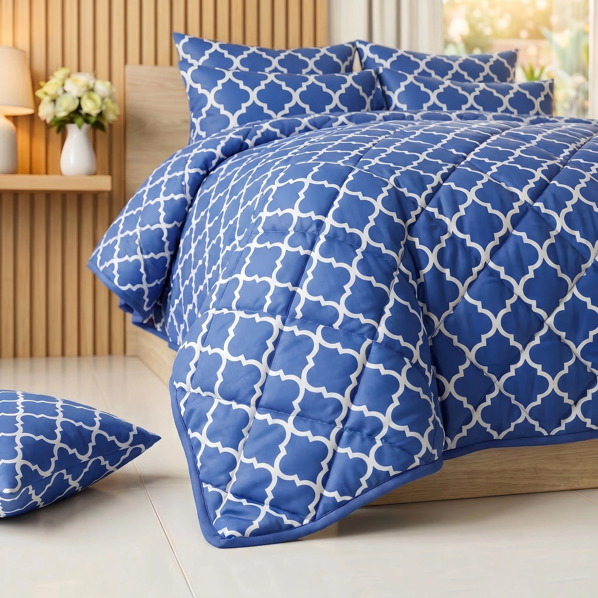 Royal Blue & White Moroccan Trellis Comforter Set — 8 PCS