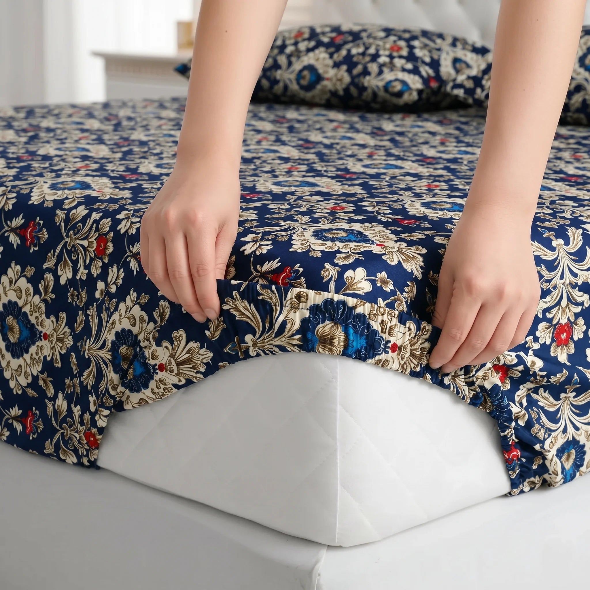Royal Sapphire Damask Printed Fitted Sheet