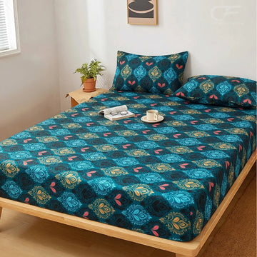 Royal Teal Damask Printed Fitted Sheet