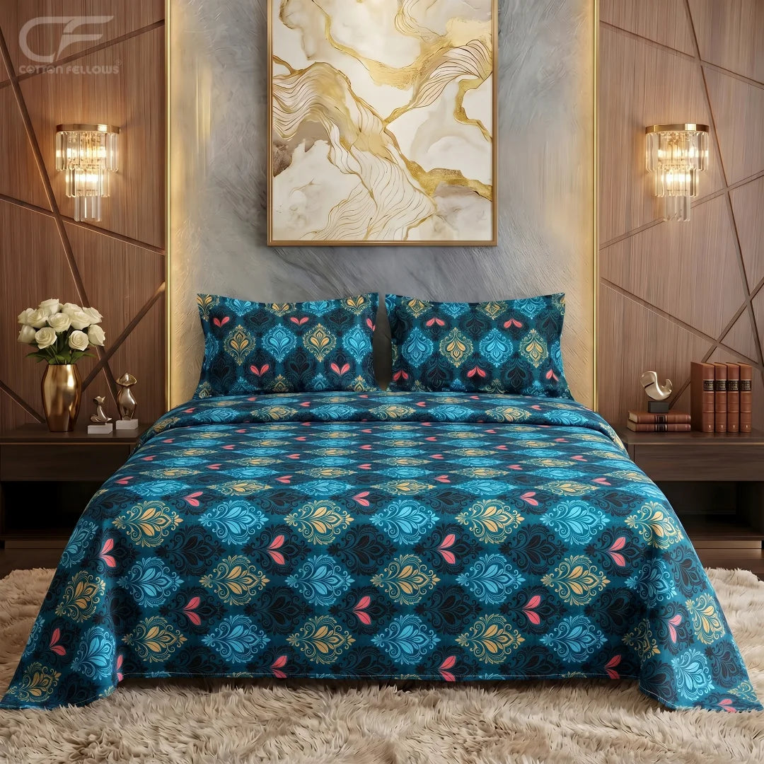 Azure Royale Printed Bedsheet Set