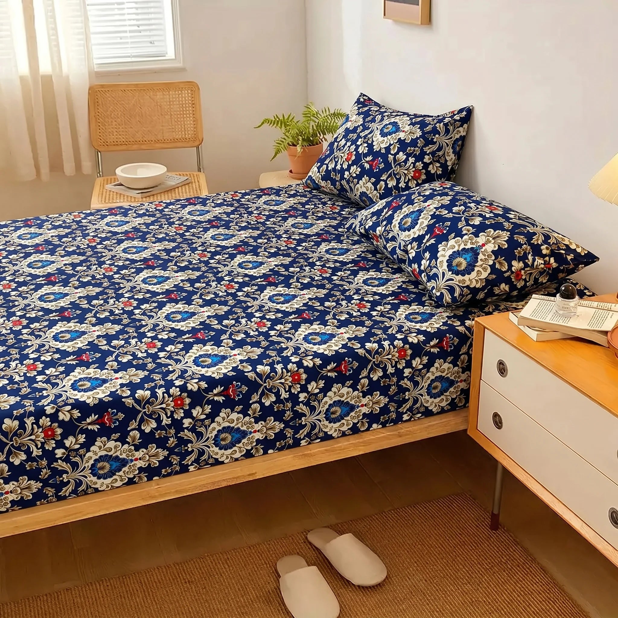 Royal Sapphire Damask Printed Fitted Sheet