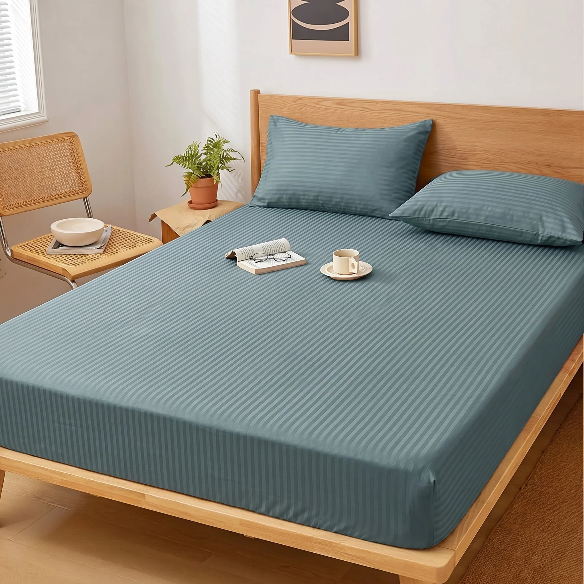 Slate Teal Dyed Stripe Fitted Sheet Set