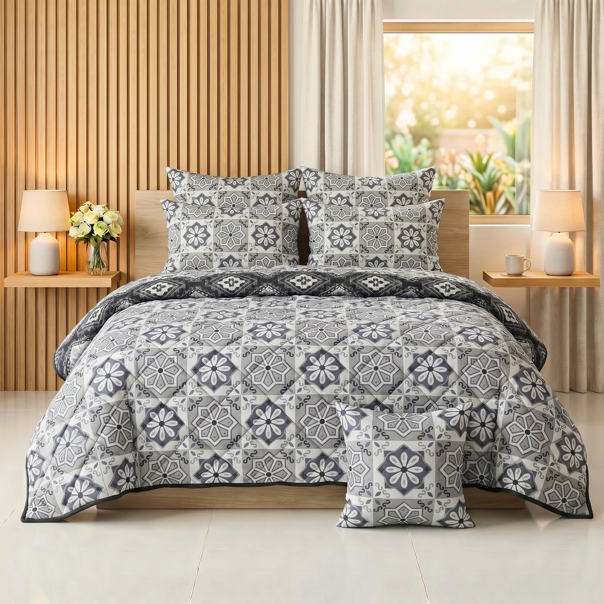 Slate & Charcoal Moroccan Tile Comforter Set — 8 PCS