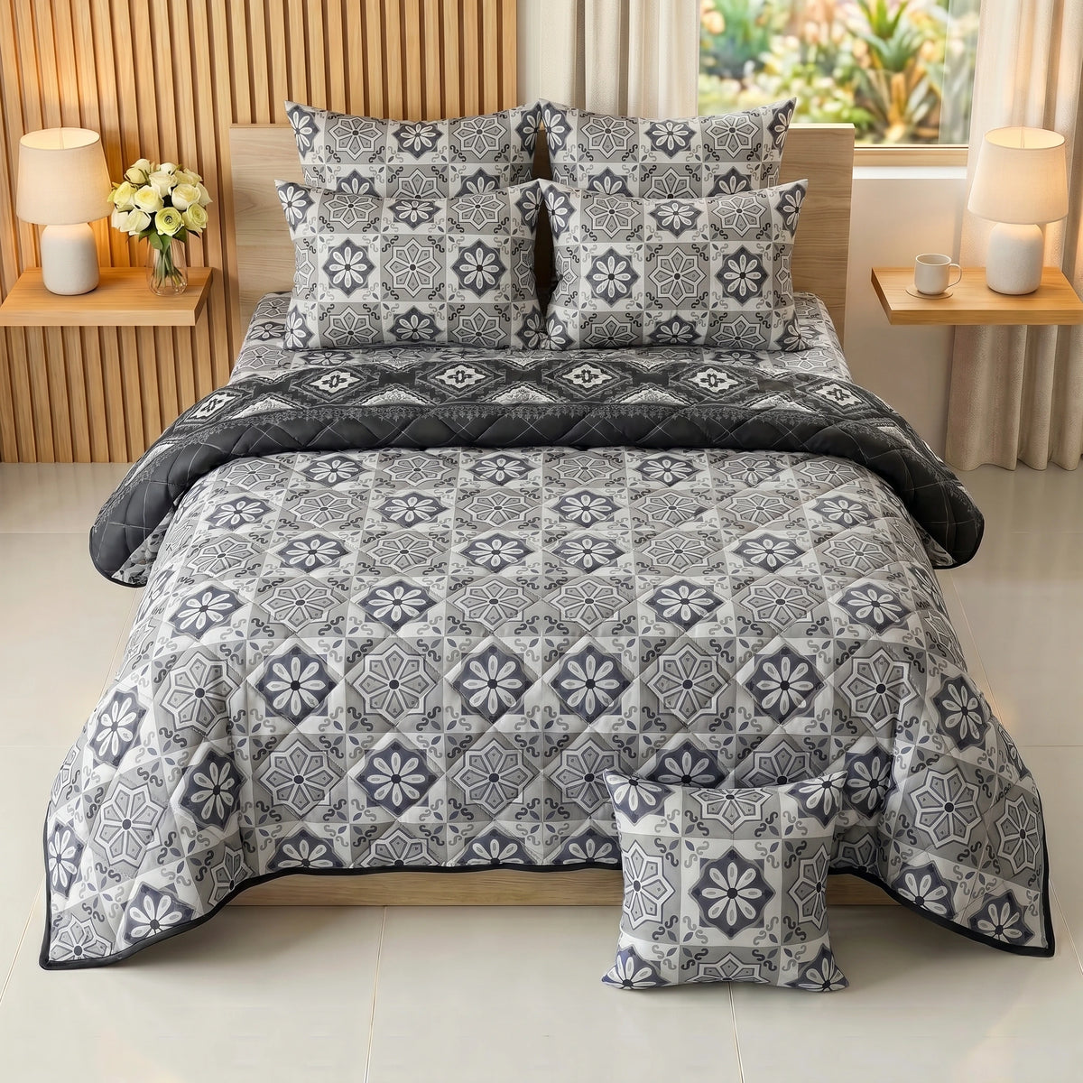 Slate & Charcoal Moroccan Tile Comforter Set — 8 PCS