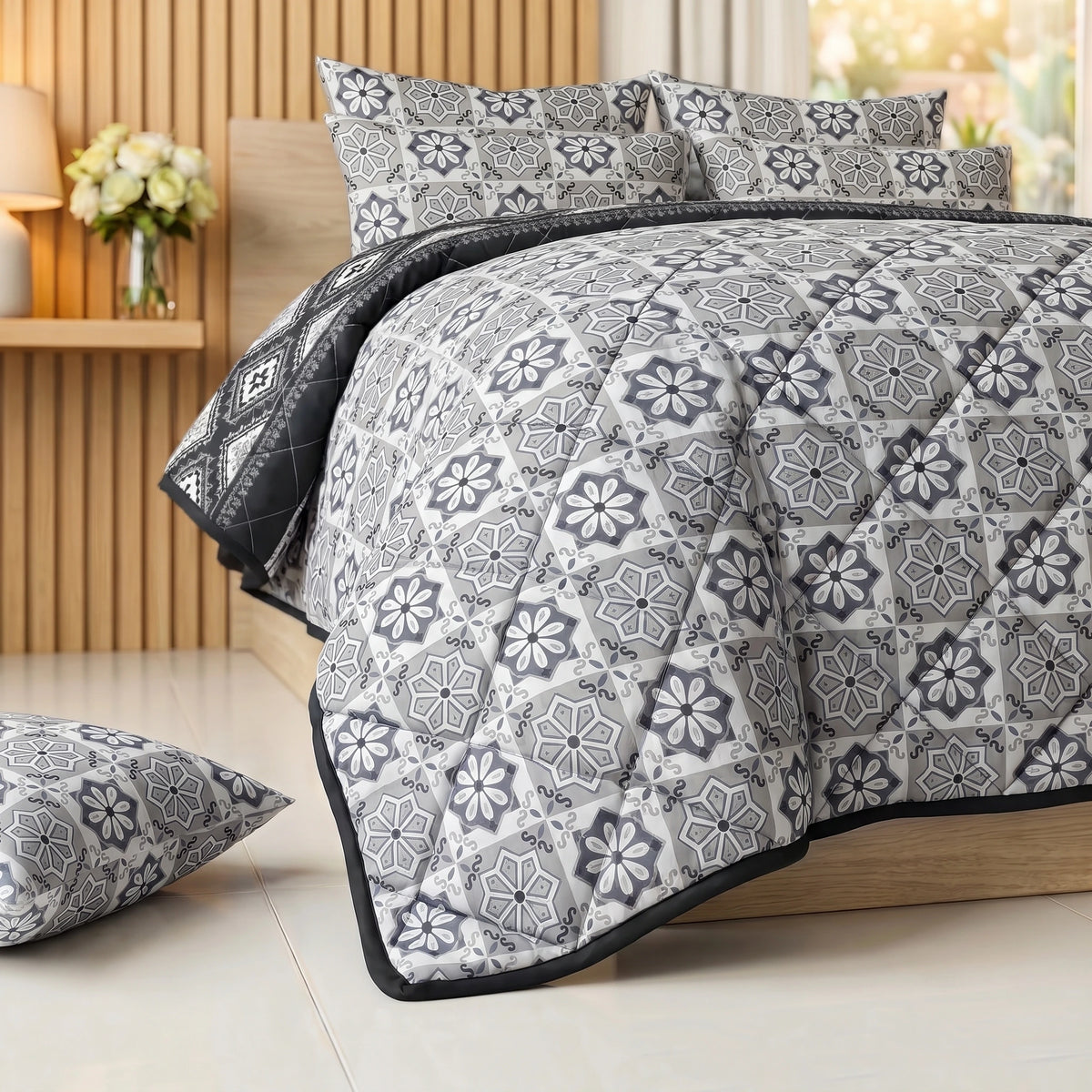 Slate & Charcoal Moroccan Tile Comforter Set — 8 PCS