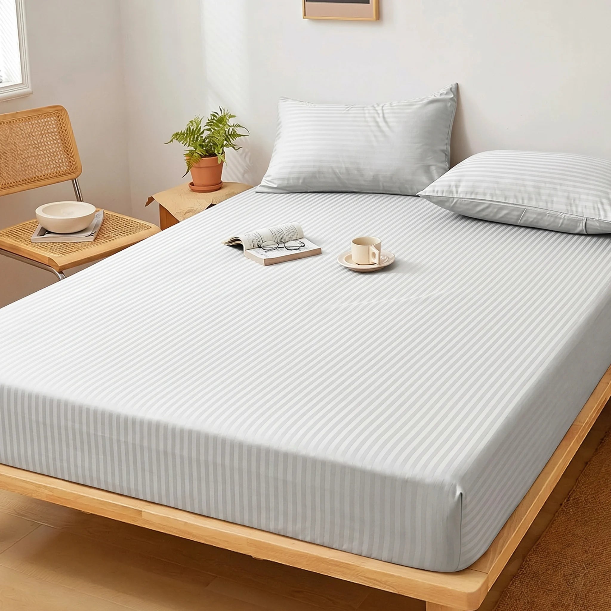 Soft Silver Dyed Stripe Fitted Sheet Set