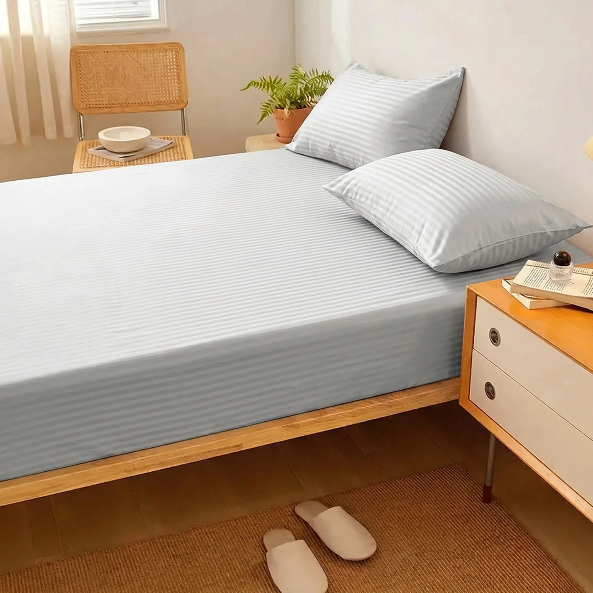 Soft Silver Dyed Stripe Fitted Sheet Set