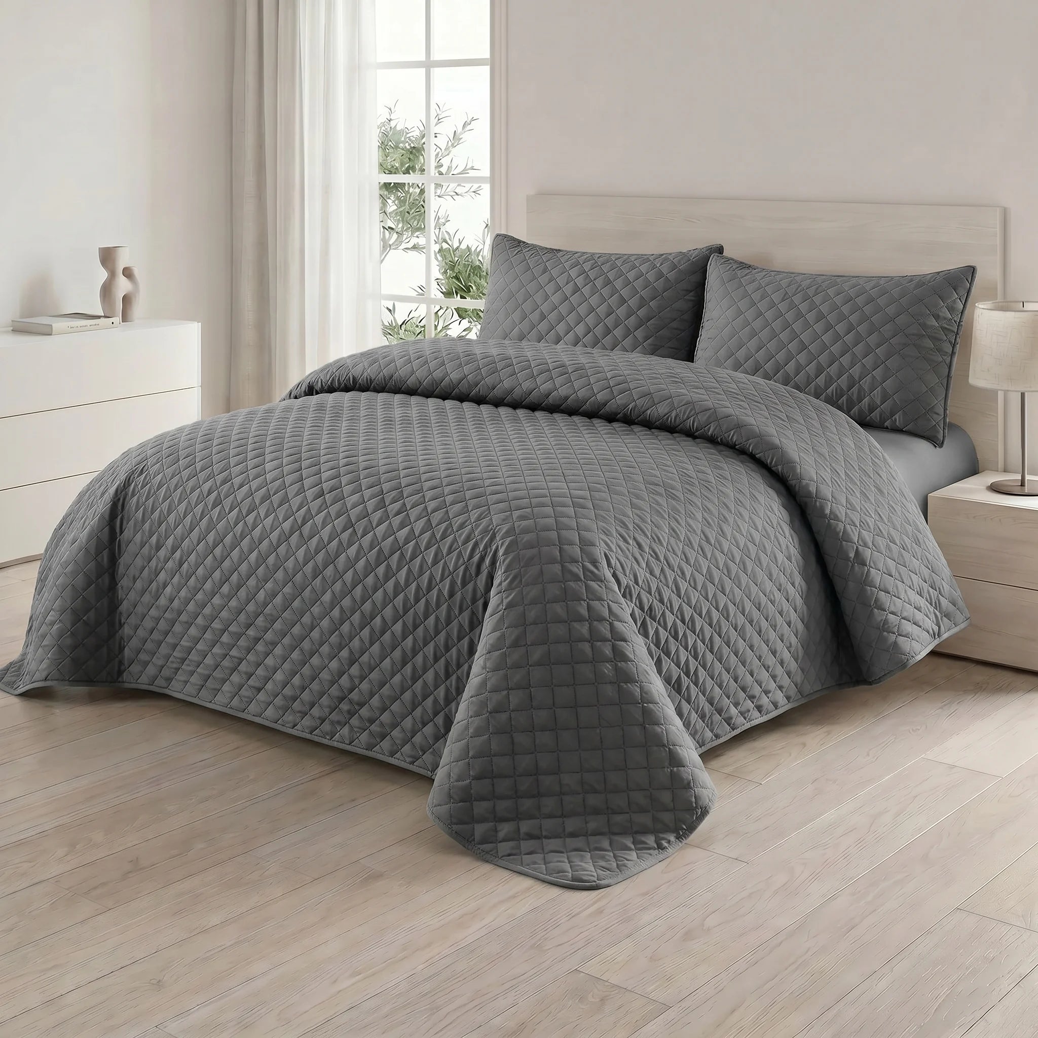 Solid Slate Bed Spread Set — 3 PCS | Dyed