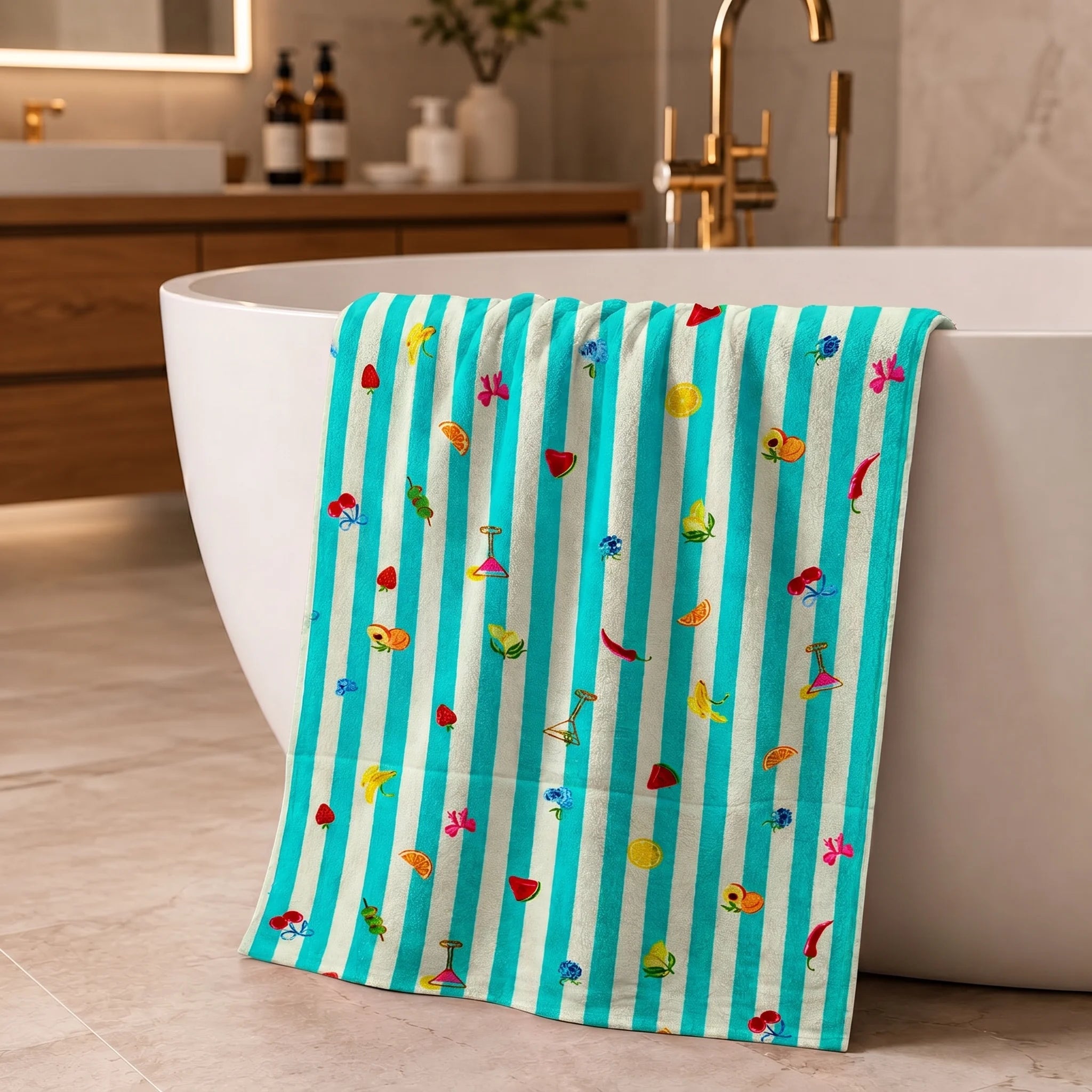 Summer Vibes Striped Cotton Bath Towel — Aqua Teal & White | 100% Cotton