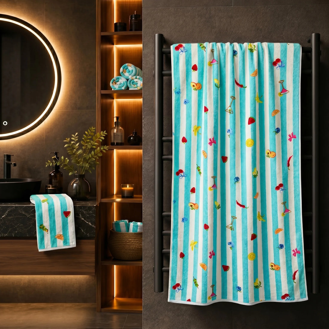 Summer Vibes Striped Cotton Bath Towel — Aqua Teal & White | 100% Cotton