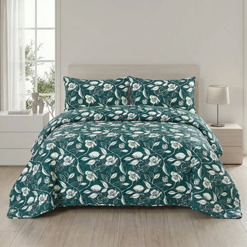 Teal Botanical Bed Spread Set — 3 PCS