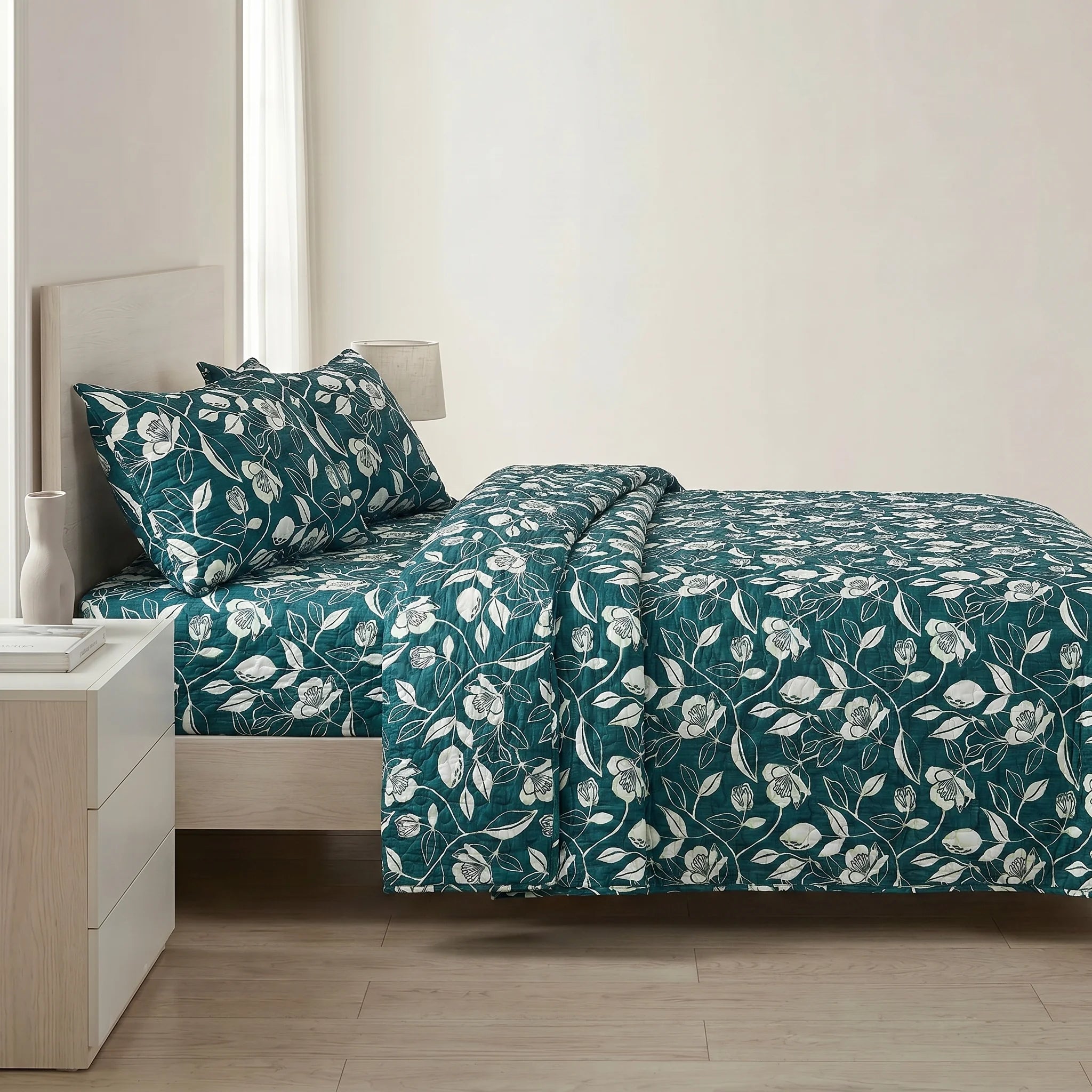 Teal Botanical Bed Spread Set — 3 PCS