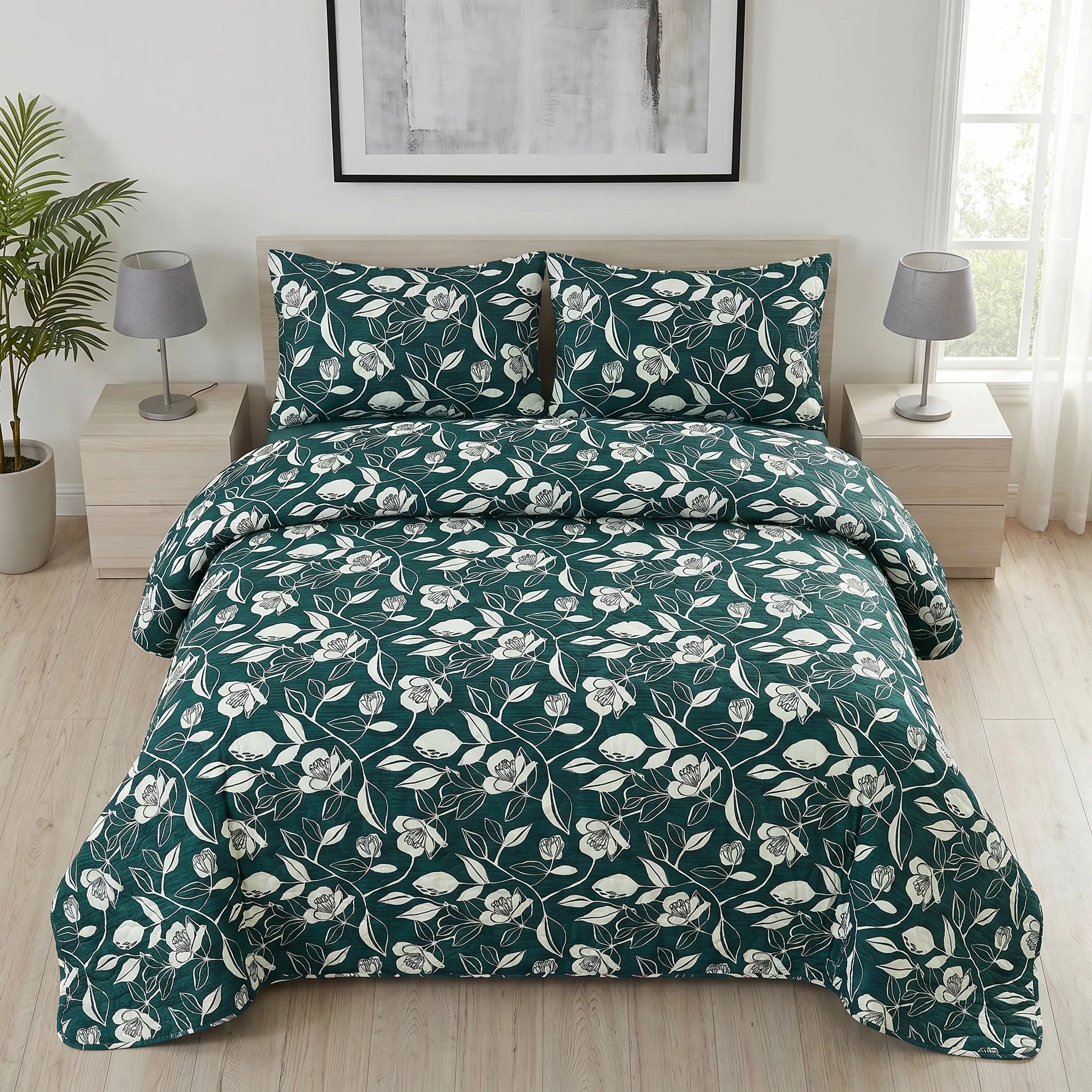 Teal Botanical Bed Spread Set — 3 PCS