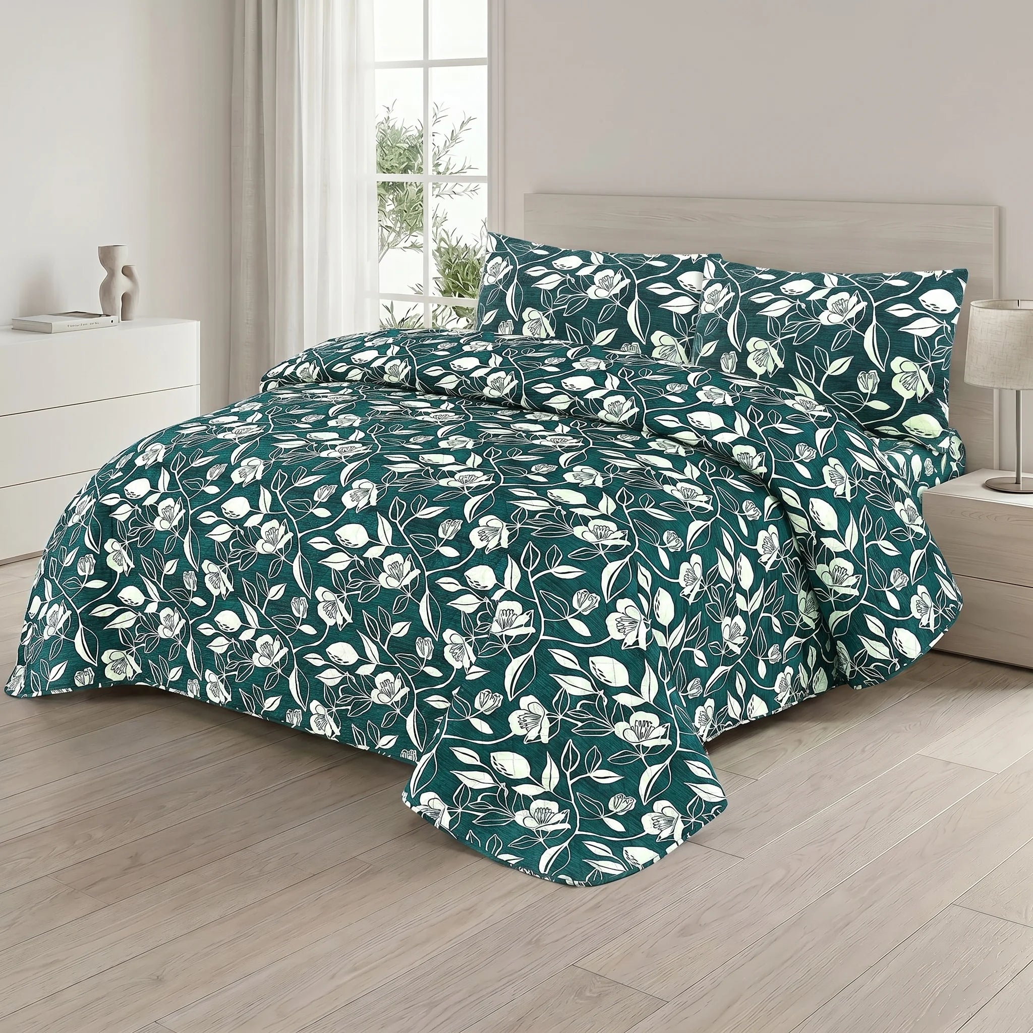 Teal Botanical Bed Spread Set — 3 PCS