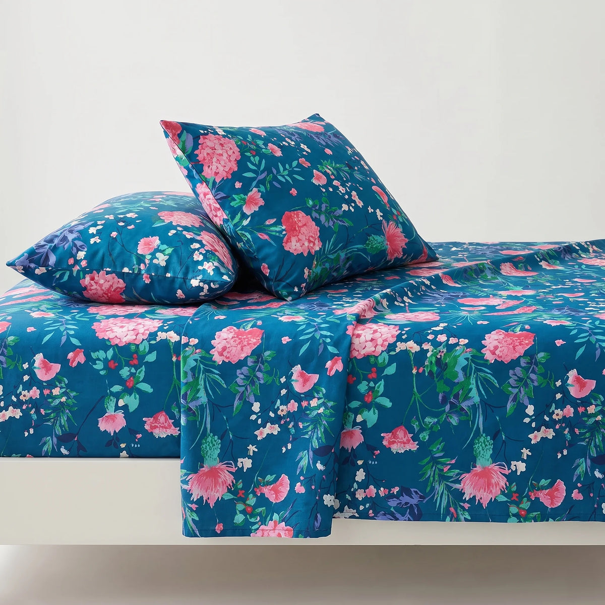 Teal Botanical Blossom Pure Cotton Bedsheet Set — 3 PCS