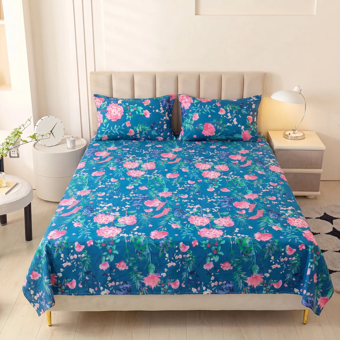 Teal Botanical Blossom Pure Cotton Bedsheet Set — 3 PCS