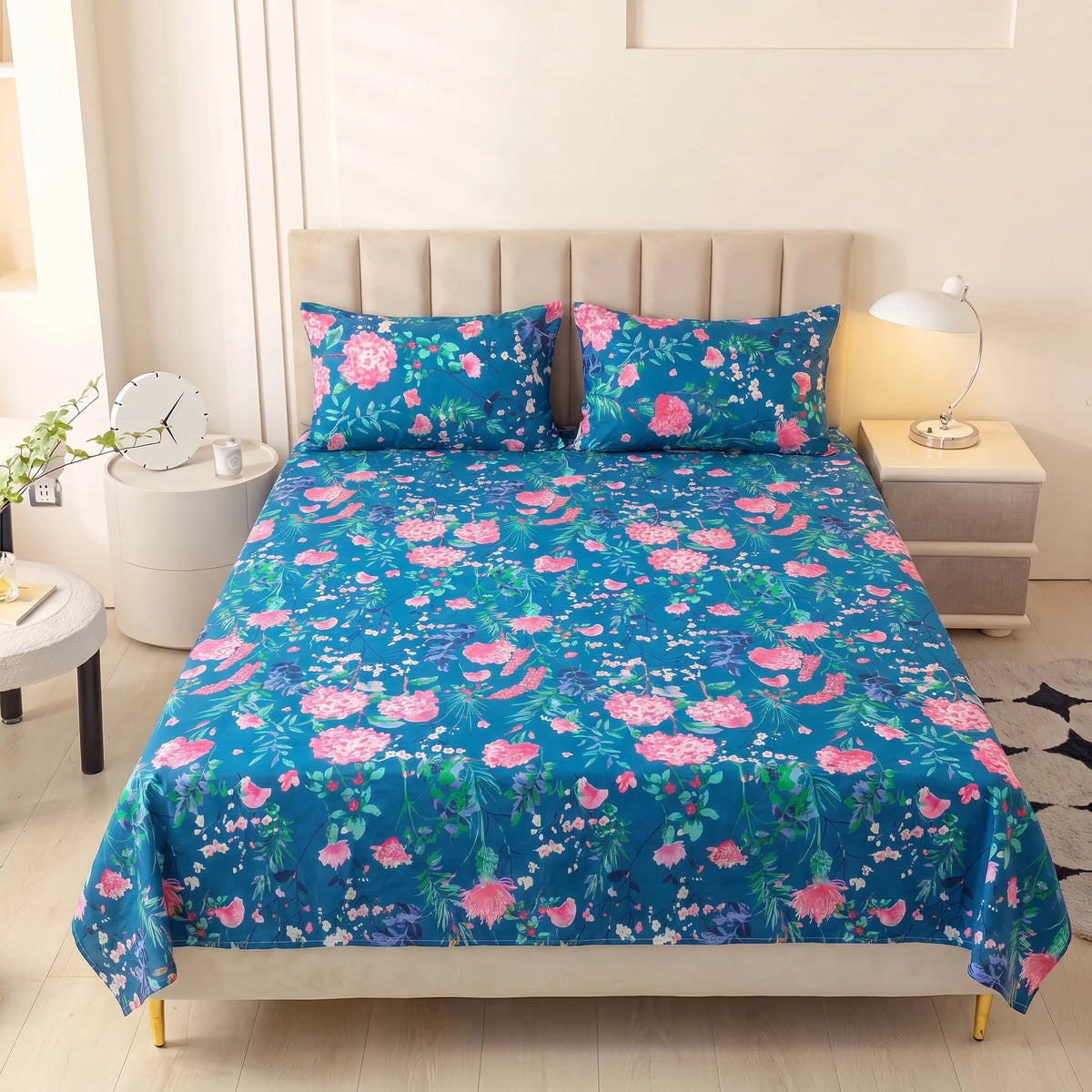 Teal Botanical Blossom Pure Cotton Bedsheet Set — 3 PCS