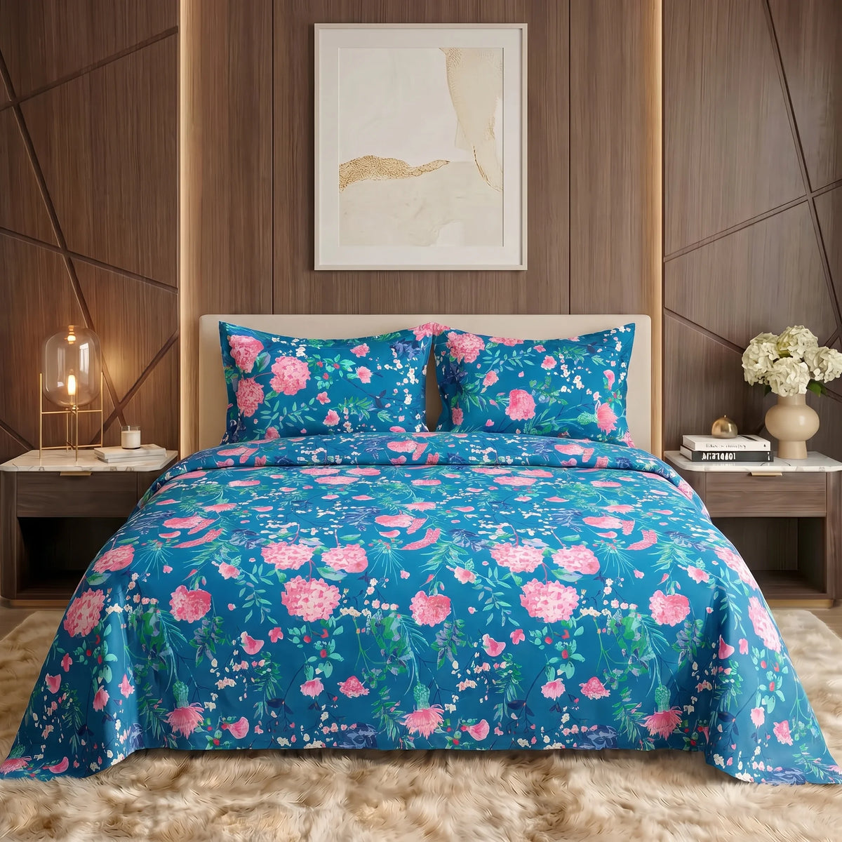 Teal Botanical Blossom Pure Cotton Bedsheet Set — 3 PCS