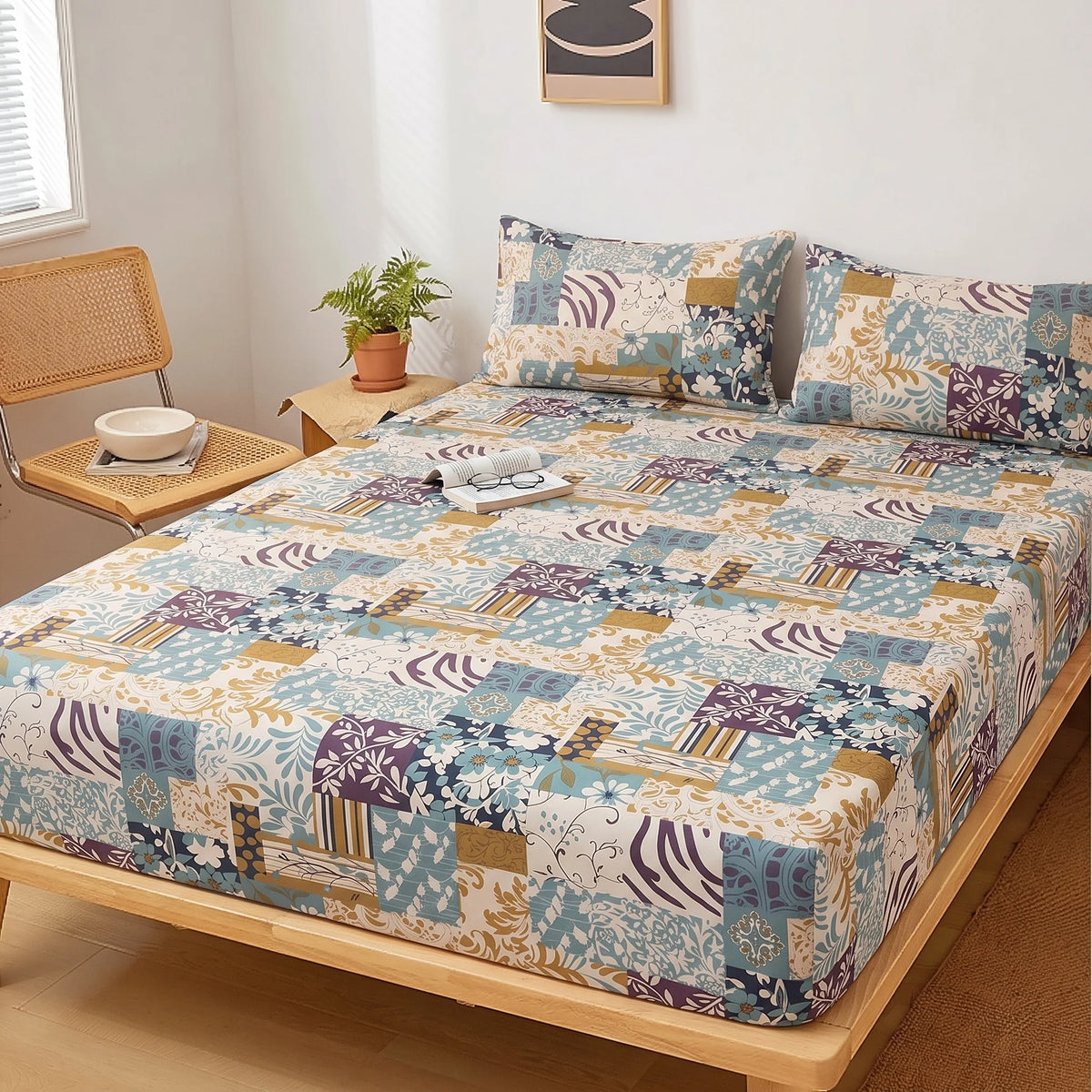 Teal & Gold Mosaic Fitted Sheet Set — Pure Cotton
