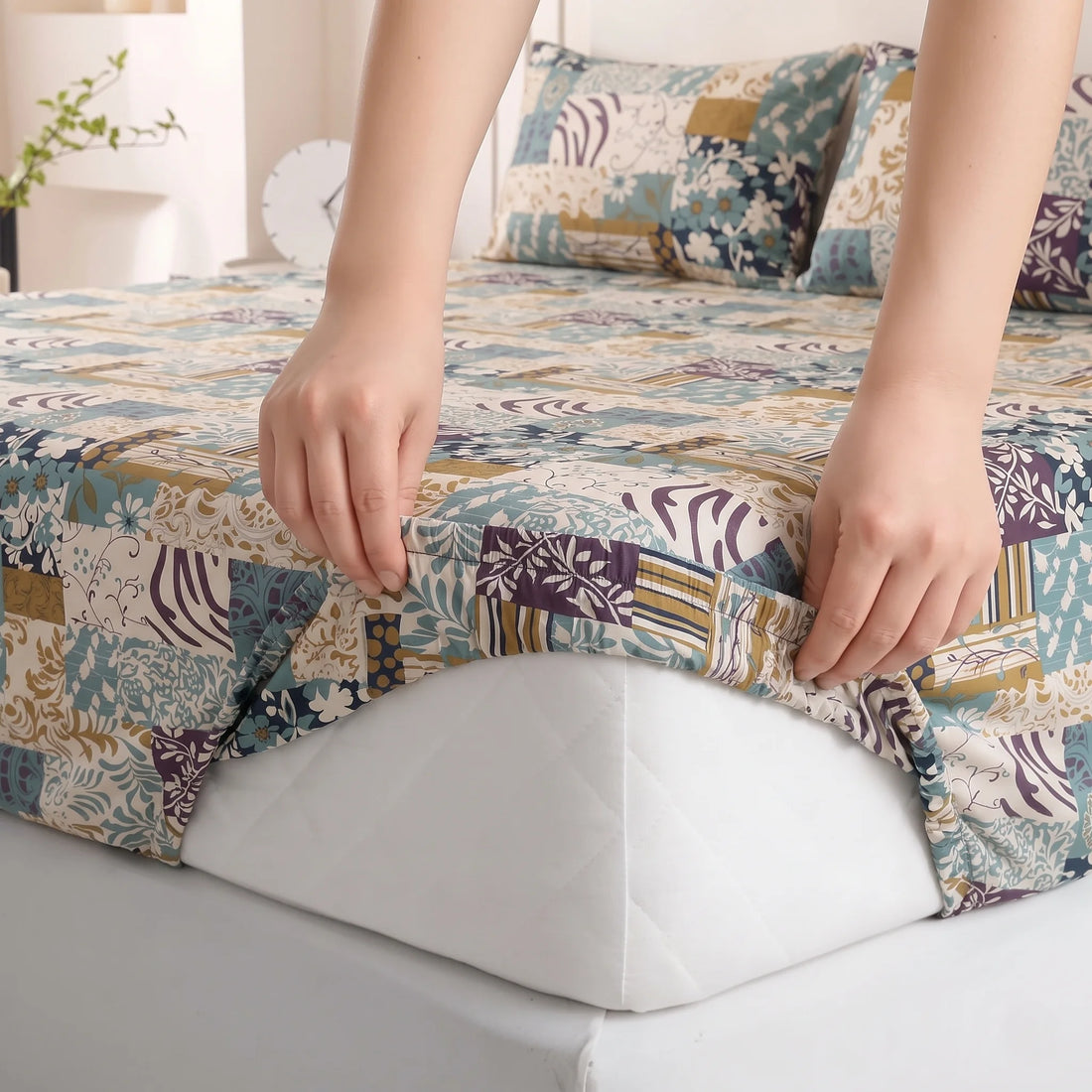 Teal & Gold Mosaic Fitted Sheet Set — Pure Cotton