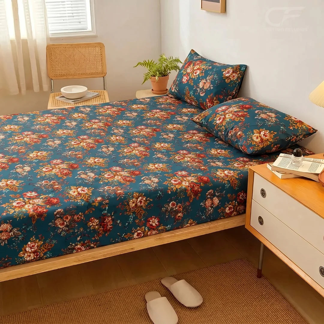 Vintage Teal Bouquet Printed Fitted Sheet