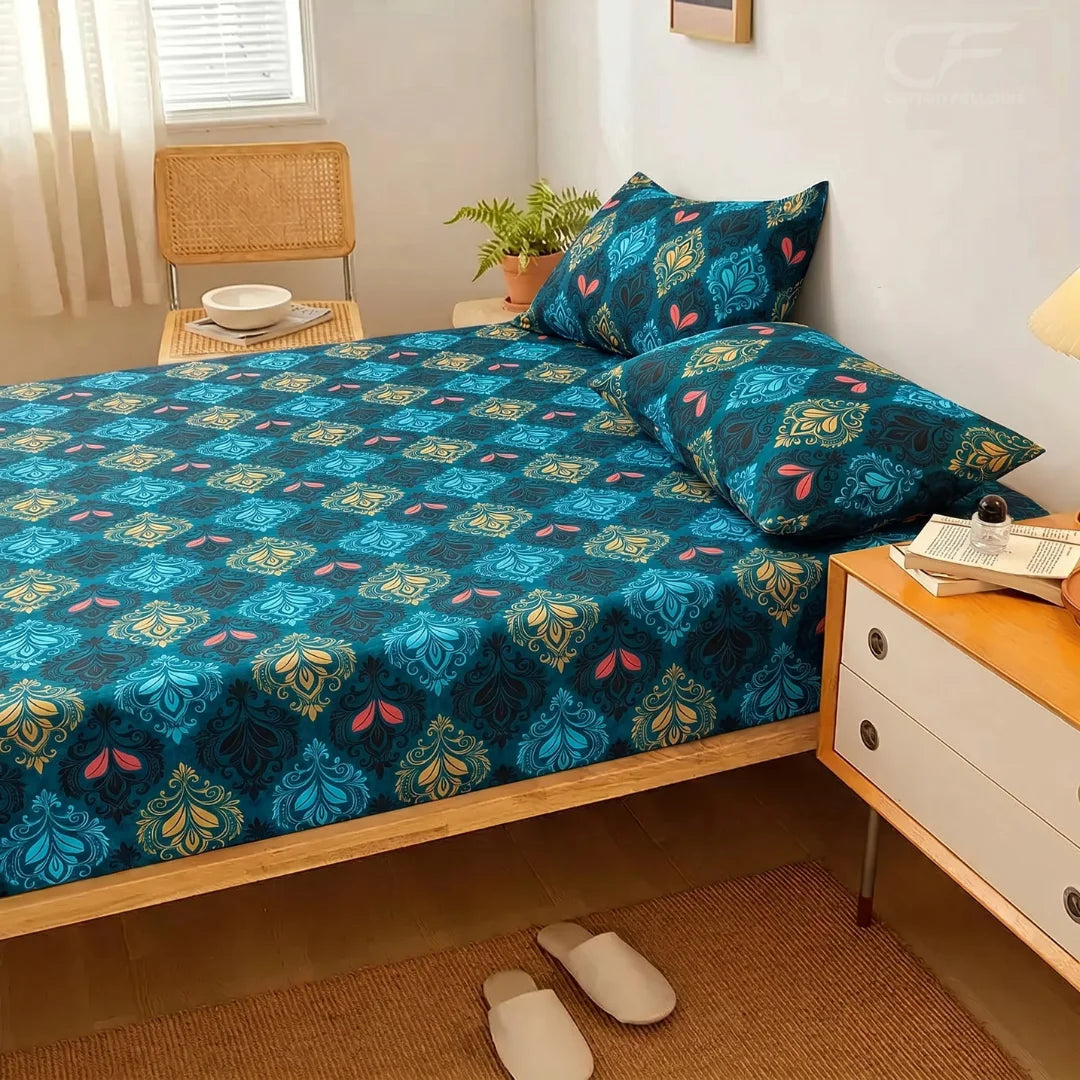 Royal Teal Damask Printed Fitted Sheet