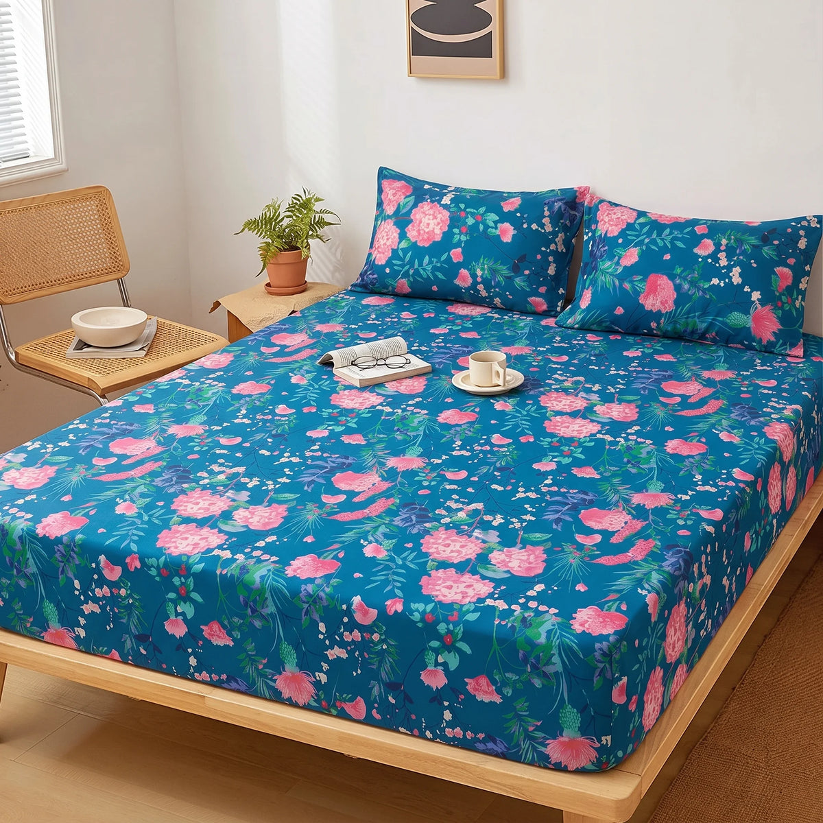 Teal Floral Fitted Sheet Set — Pure Cotton
