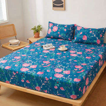 Teal Floral Fitted Sheet Set — Pure Cotton