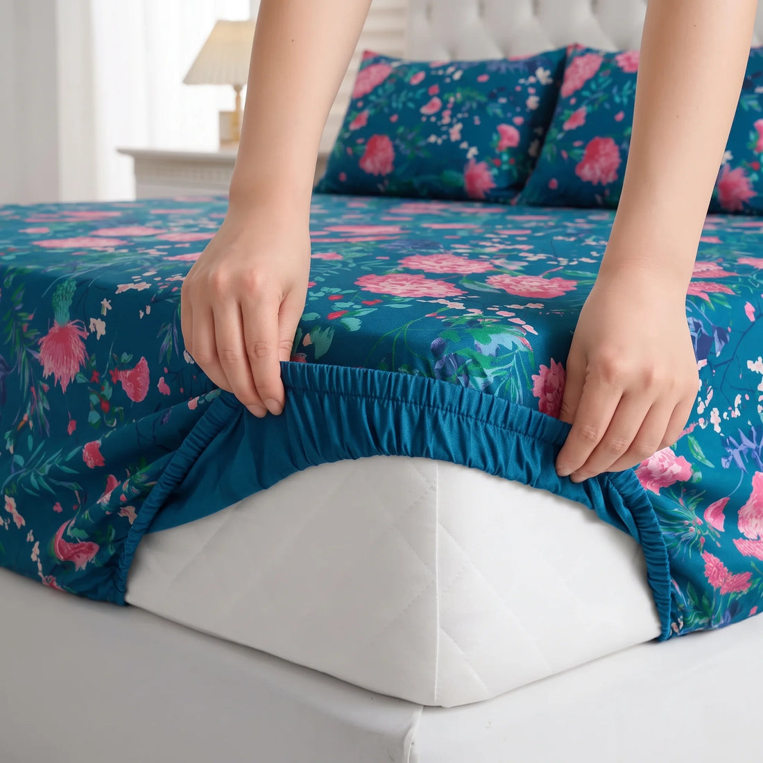 Teal Floral Fitted Sheet Set — Pure Cotton