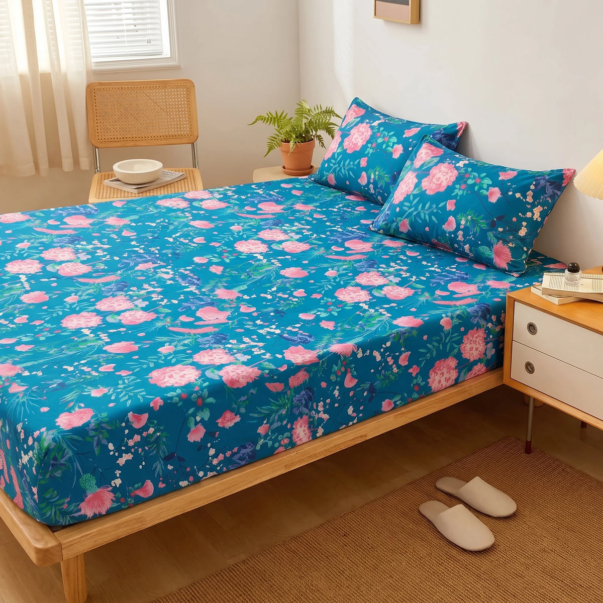 Teal Floral Fitted Sheet Set — Pure Cotton