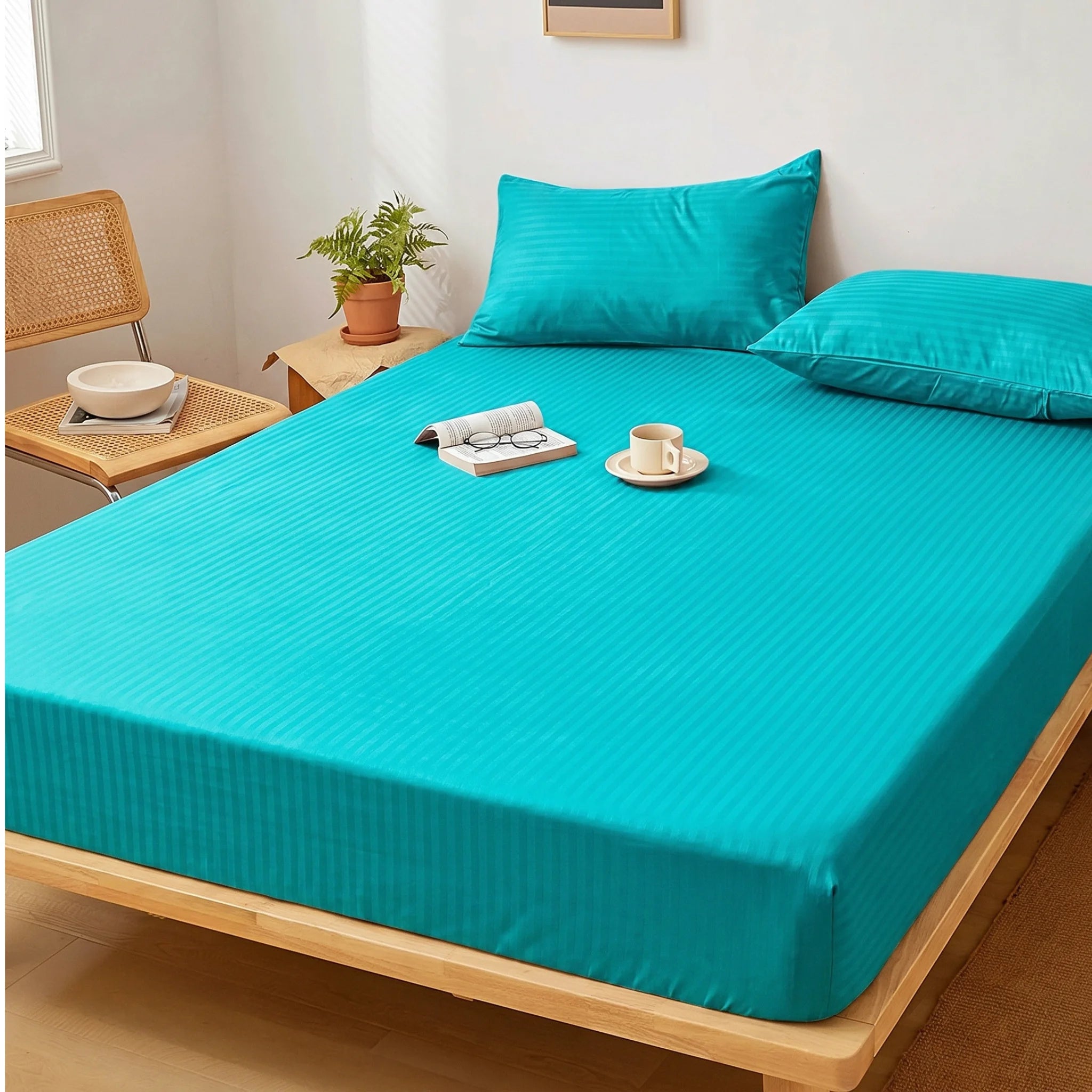 Teal Turquoise Dyed Stripe Fitted Sheet Set