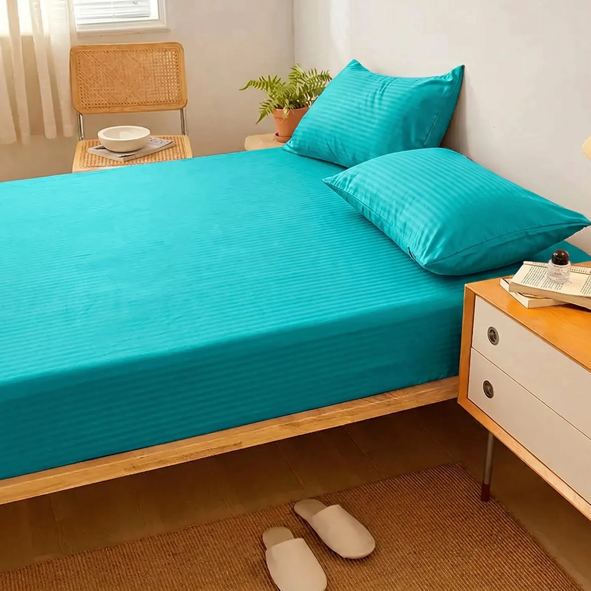 Teal Turquoise Dyed Stripe Fitted Sheet Set