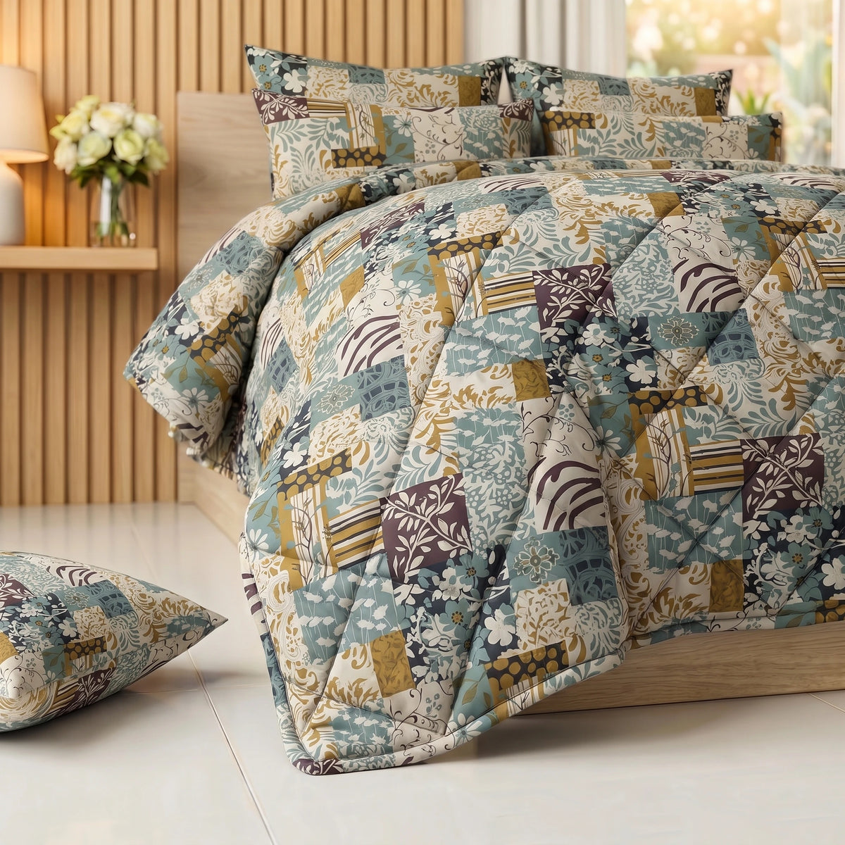 Teal & Gold Mosaic Comforter Set — 8 PCS