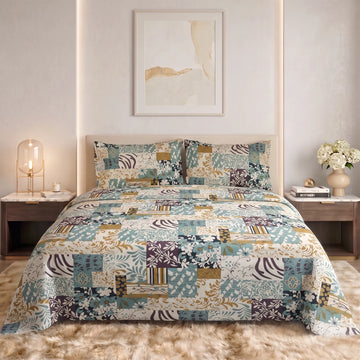 Teal & Gold Mosaic Pure Cotton Bedsheet Set — 3 PCS