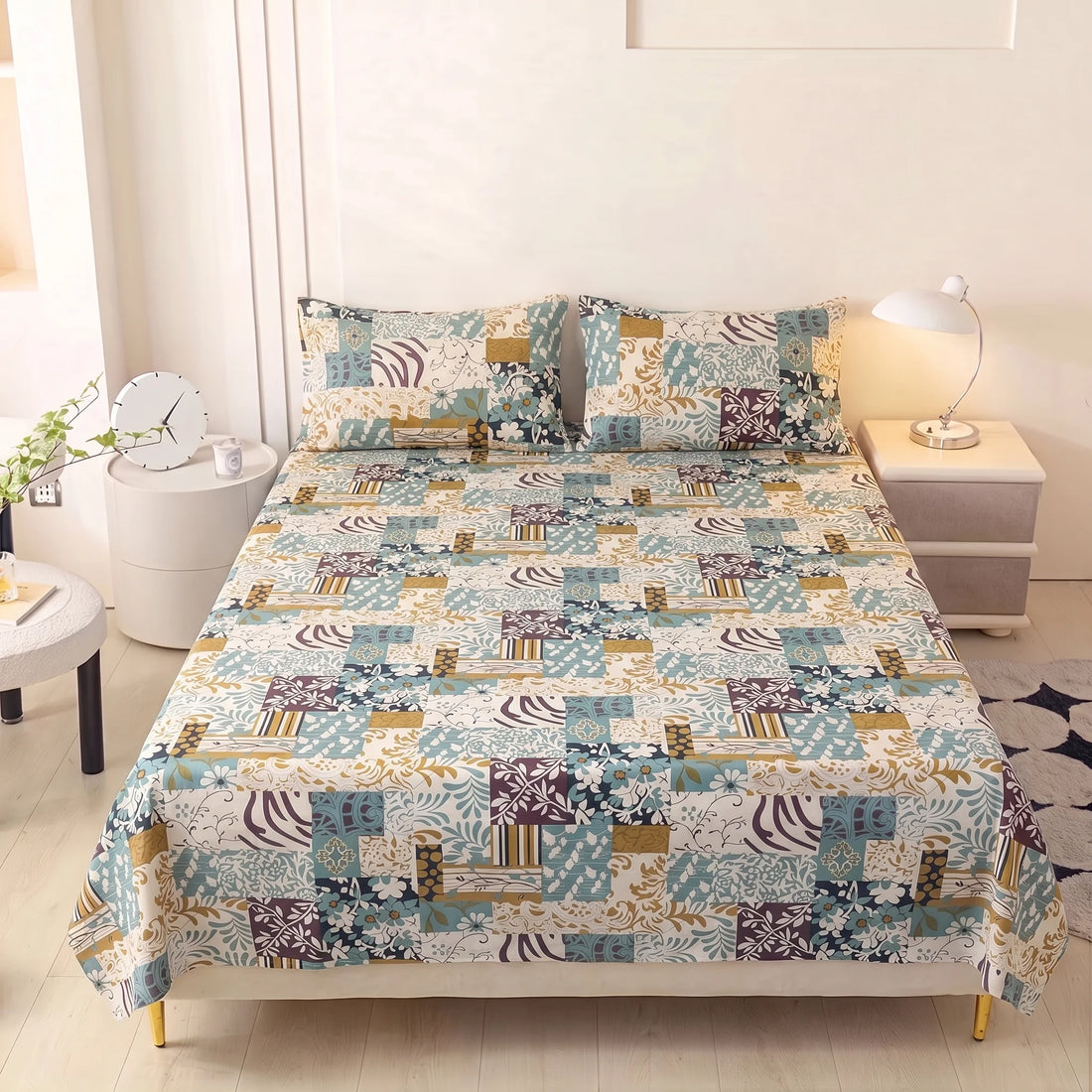 Teal & Gold Mosaic Pure Cotton Bedsheet Set — 3 PCS