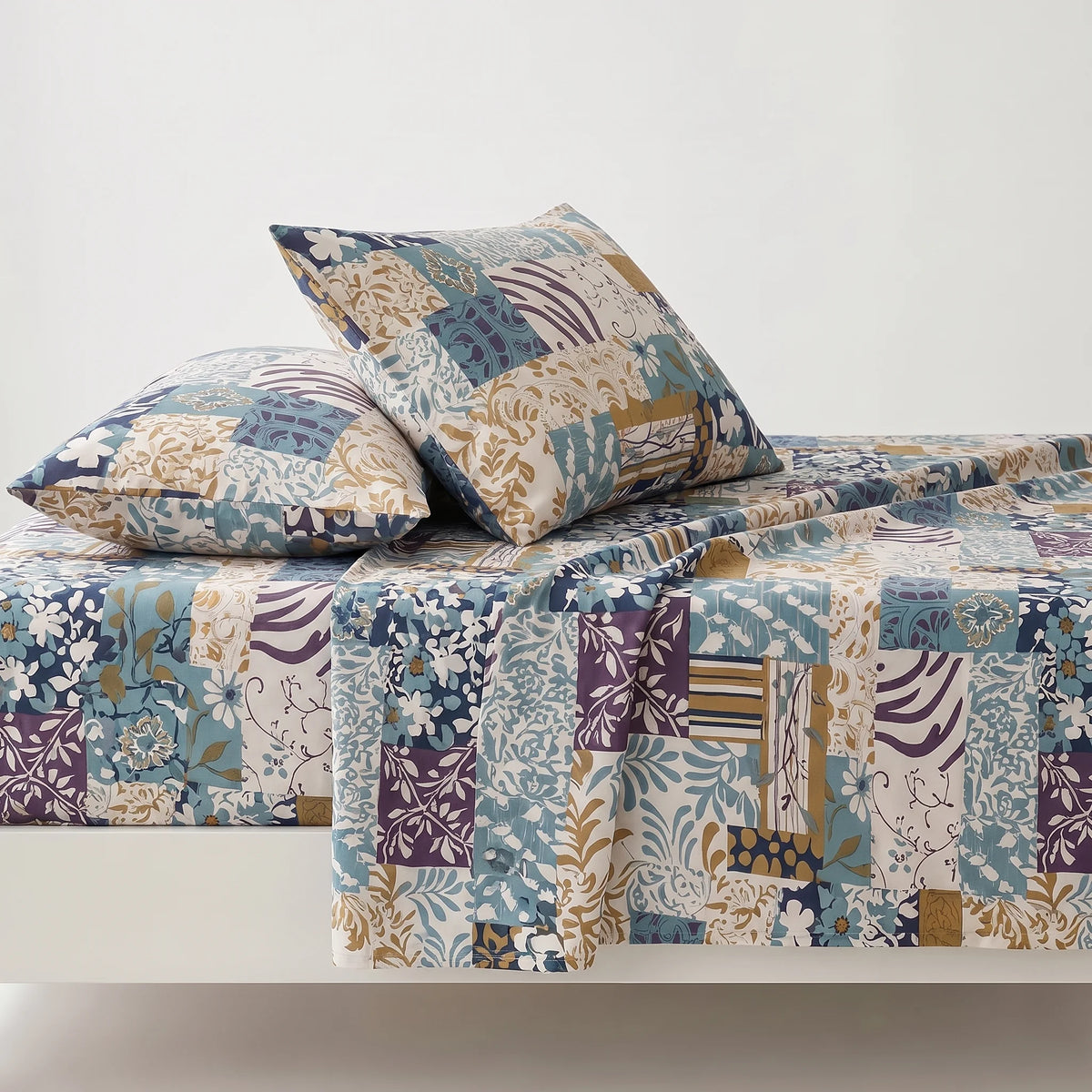 Teal & Gold Mosaic Pure Cotton Bedsheet Set — 3 PCS