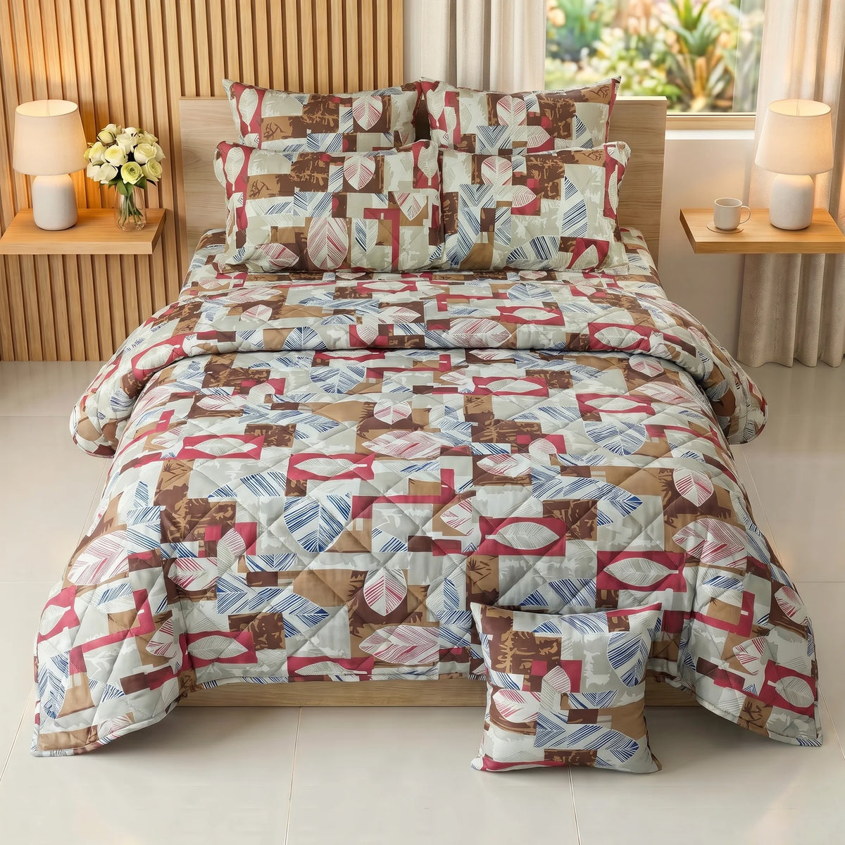 Terracotta & Slate Abstract Leaf Comforter Set — 8 PCS
