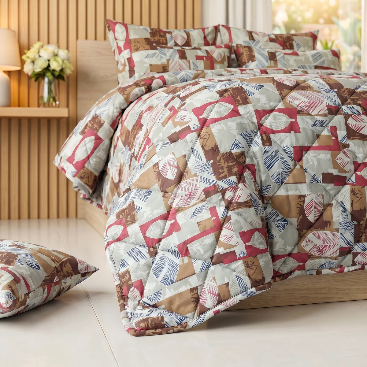 Terracotta & Slate Abstract Leaf Comforter Set — 8 PCS