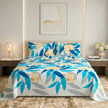 Tropical Azure Blossom Premium Cotton Bedsheet
