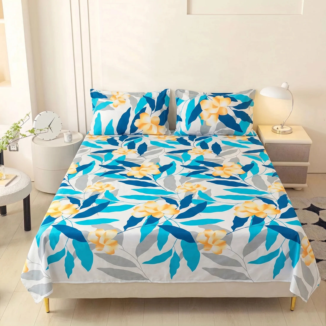 Tropical Azure Blossom Premium Cotton Bedsheet