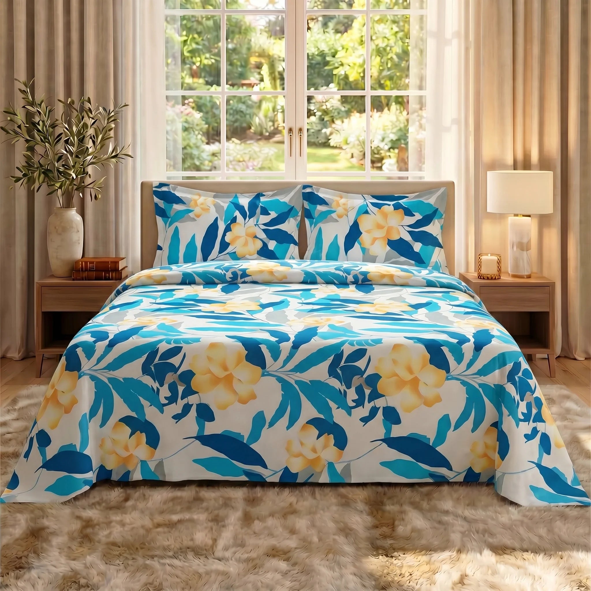 Tropical Azure Blossom Premium Cotton Bedsheet