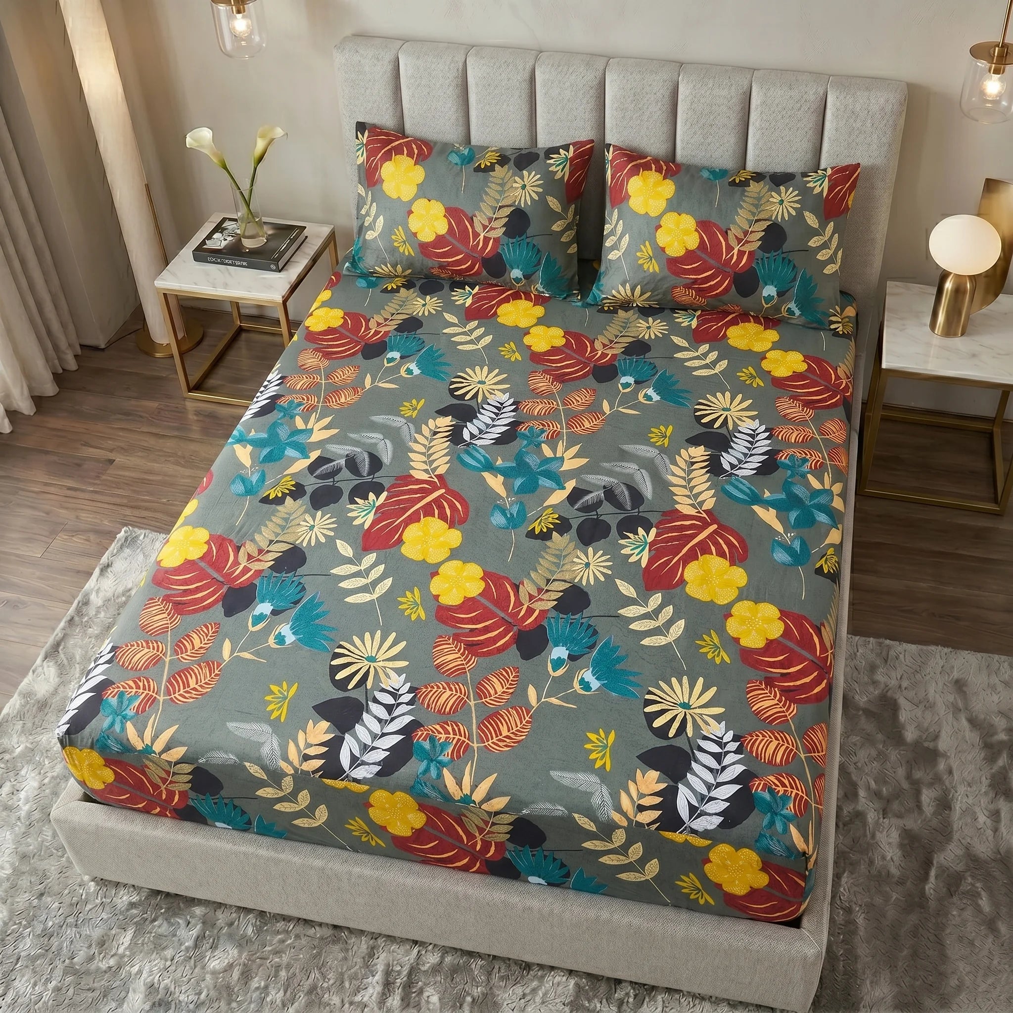 Tropical Botanical Floral Waterproof Fitted Sheet Set  — 3 PCs